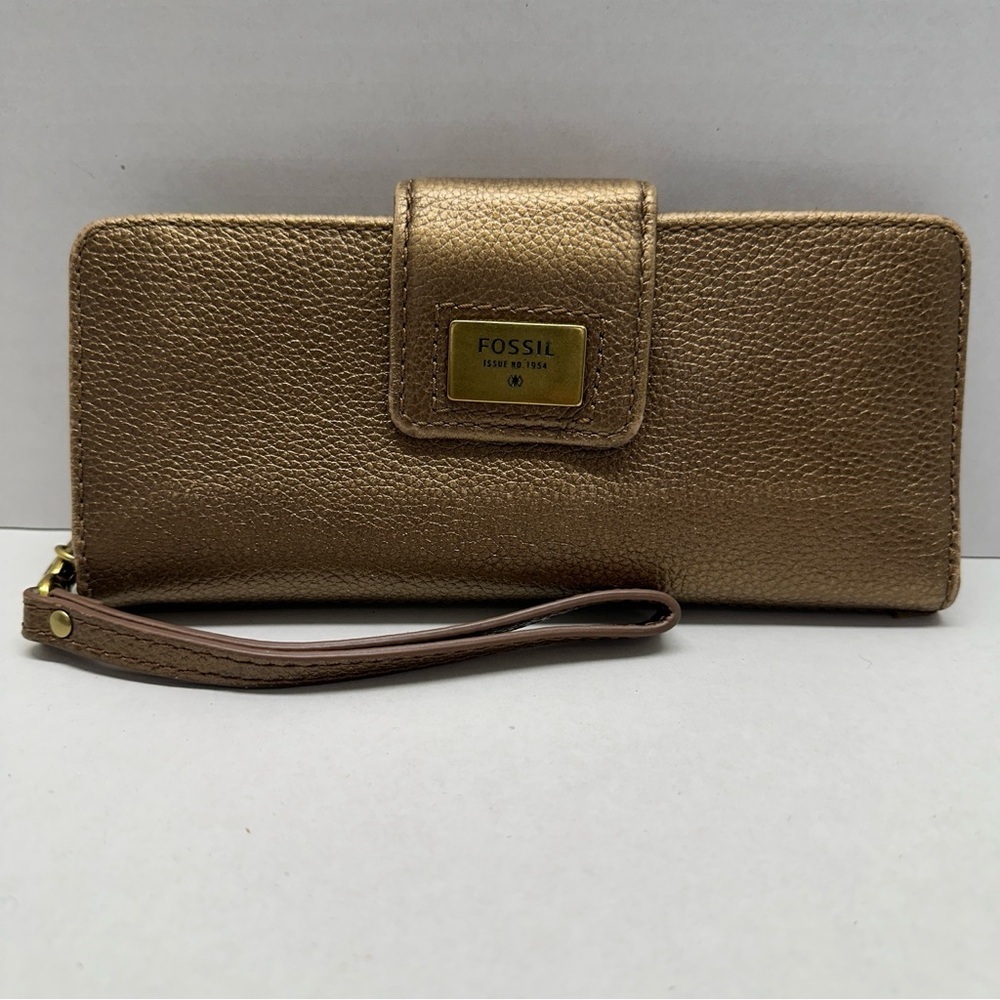 Fossil Quinn Metallic Gold Leather Wallet Wristlet Bi-Fold Clutch Issue No 1954